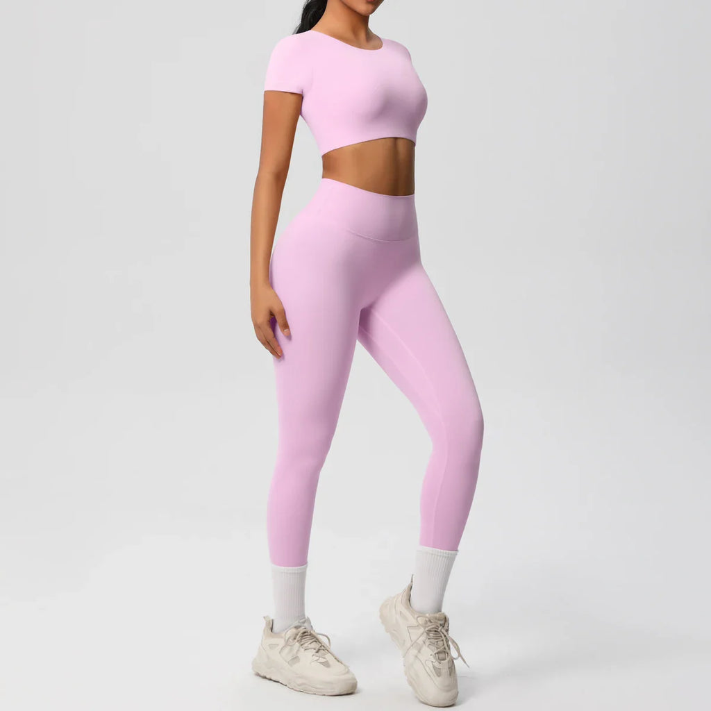 Yoga Set for Women Fitness Sportswear with Short Sleeve Top and High Waist Leggings