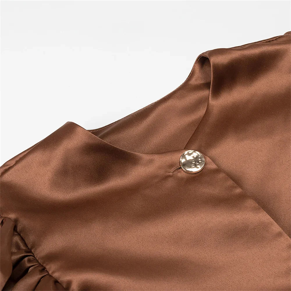 Women's Casual Bubble Sleeve Shirt with Round Neck and Button Detail Lightweight Summer Top