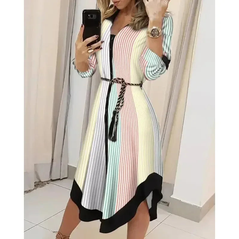 Elegant Striped Print Lace Up Dress For Summer Style