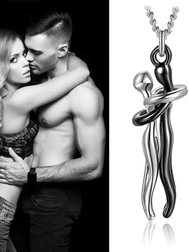 Chic Black Hug Pendant Necklace for Couples - Elegant Love Symbol Perfect for Daily Wear and Special Occasions