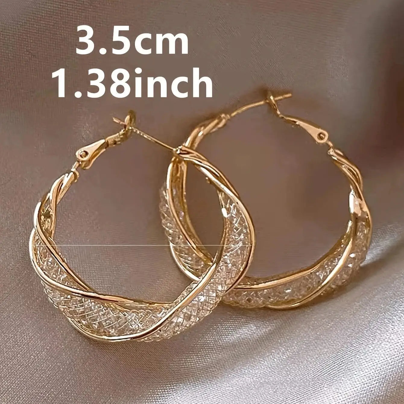 Elegant Shiny Rhinestones Hoop Earrings with Vintage Gold Color Twisted Mesh Design