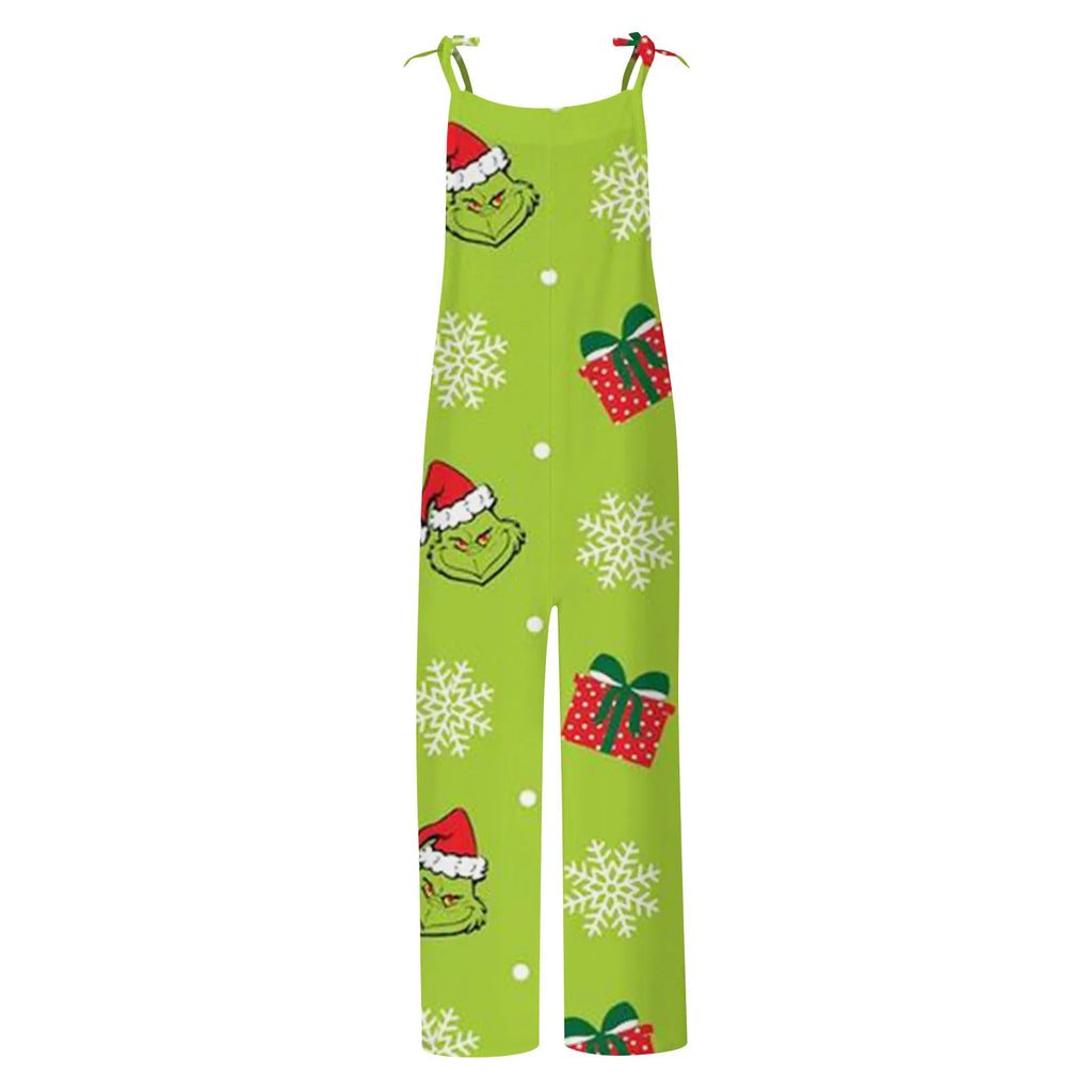 Kawaii Cartoon Print Casual Loose Vintage Strappy Jumpsuit Women's Fashion Festival Pants with Christmas Theme