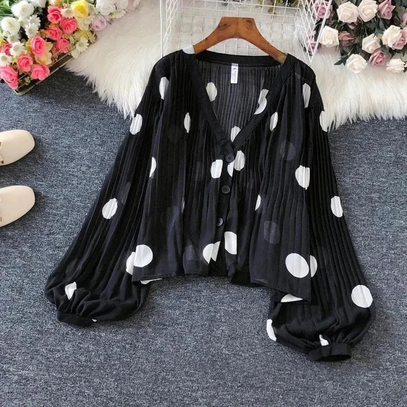 Polka Dot Casual V-Neck Chiffon Blouse with Single Breasted Button and Lantern Sleeve Folds Lightweight Women's Top