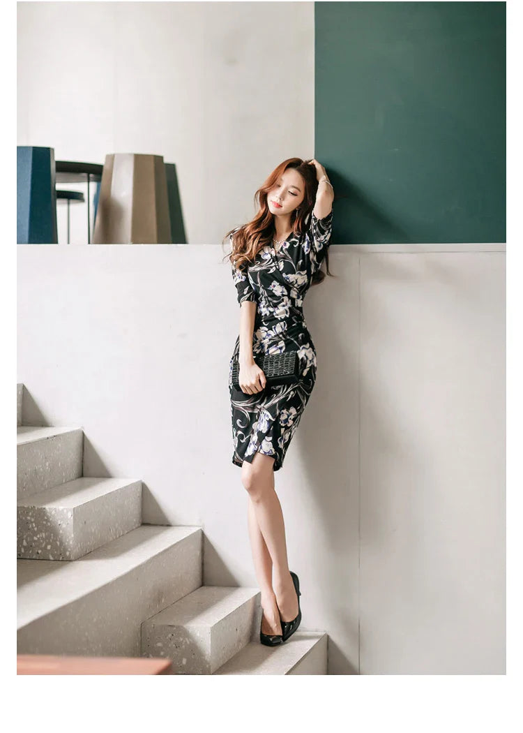 V-Neck Pencil Dress for Women Vintage Print Office Wear