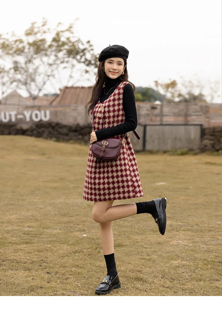 Plaid Vest Dress Aline Woolen Sleeveless Vneck Chic