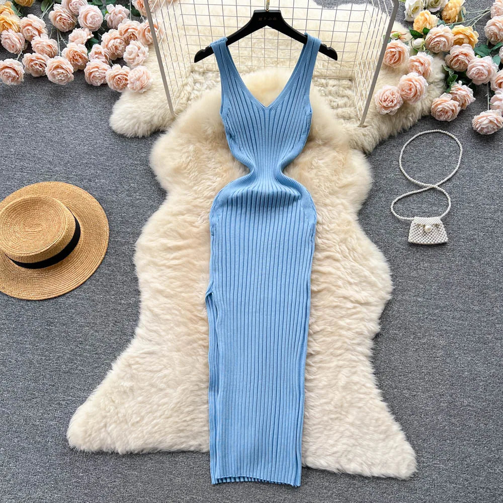 Bodycon Ribbed Knit Dress Women V Neck Slim Fit Elegant