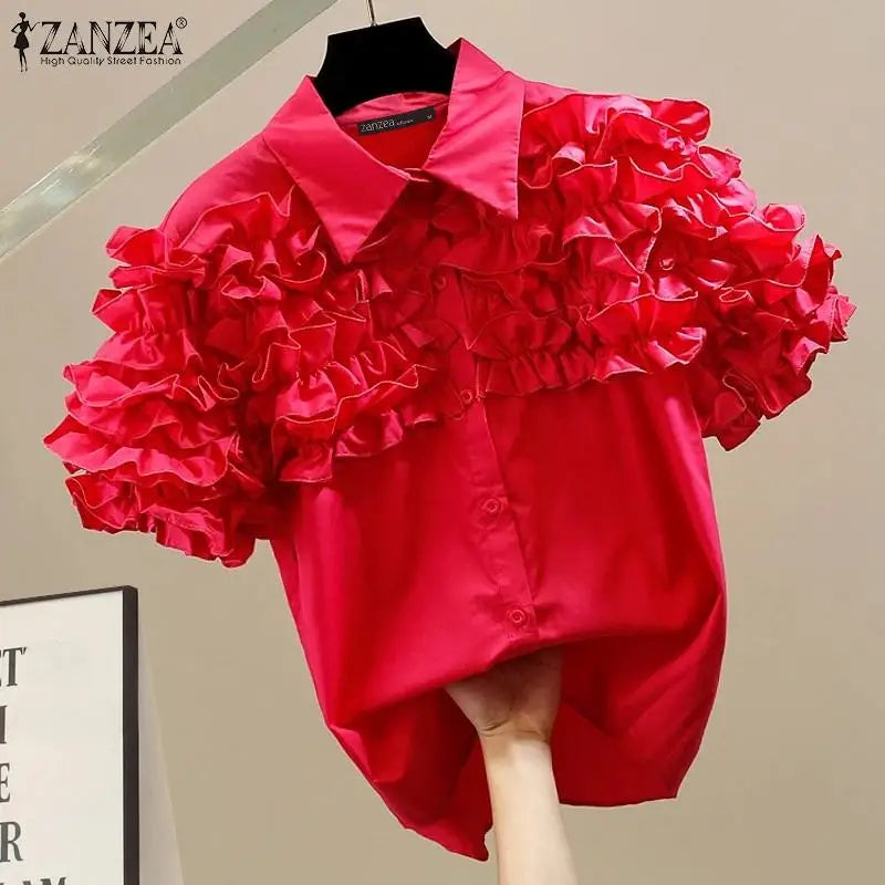 Women's Ruffle Trim Short Sleeve Blouse with Turn-Down Collar Casual Button-Up Solid Color Shirt