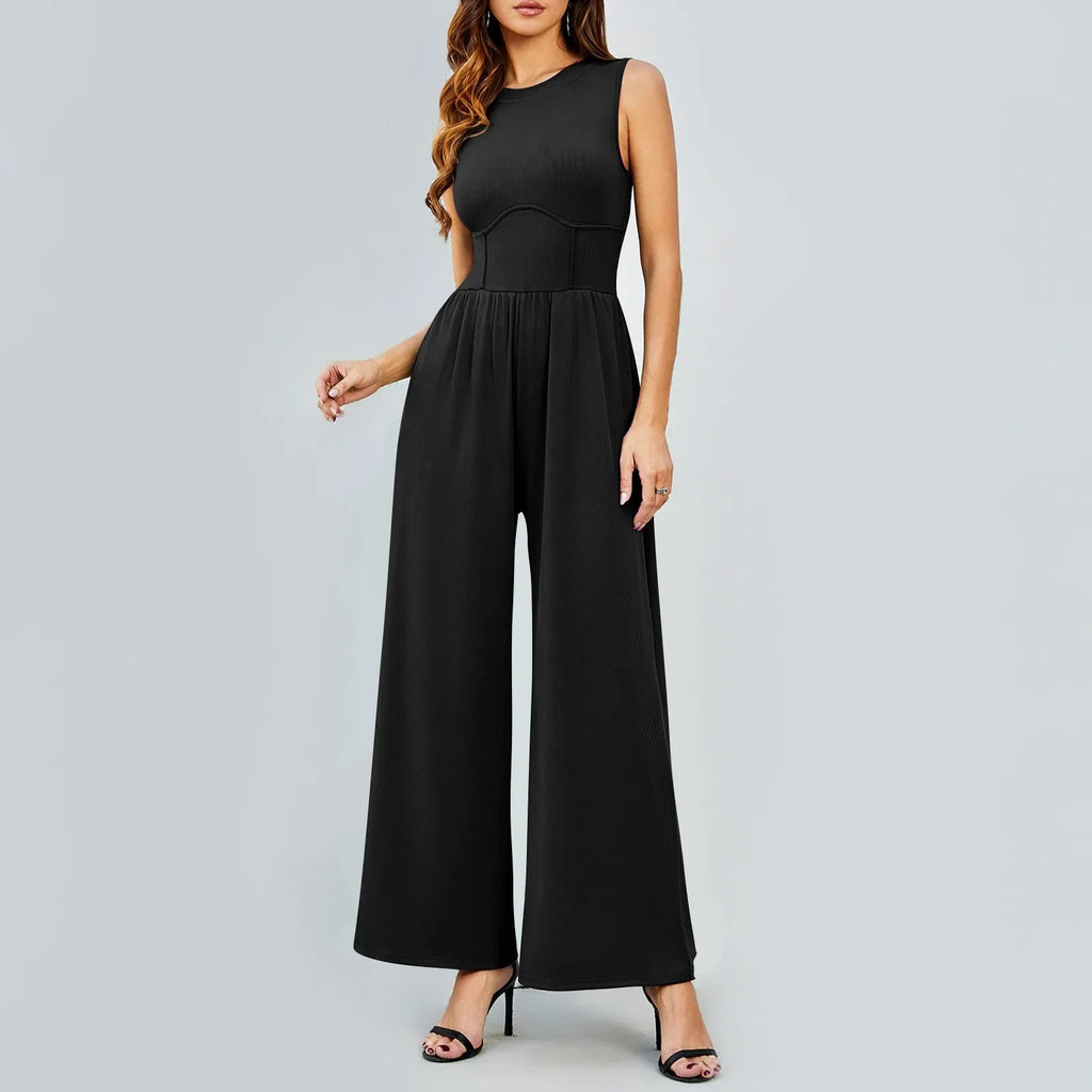 Women Sleeveless High Neck Ribbed Tank Top Jumpsuit Wide Leg Pants Romper with Tummy Control and High Waist Casual Summer Outfit