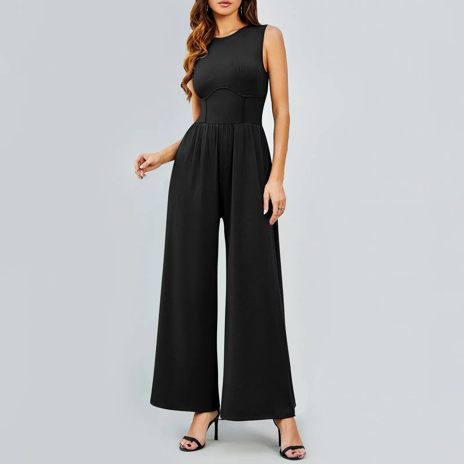 Women Sleeveless High Neck Ribbed Tank Top Jumpsuit Wide Leg Pants Romper with Tummy Control and High Waist Casual Summer Outfit