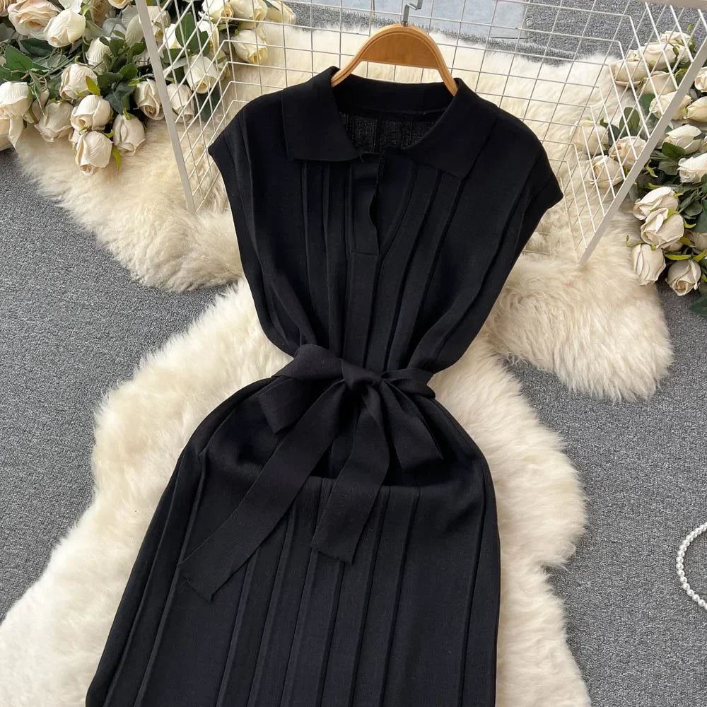 Solid Pleated Knitted Dress For Women Loose Fit Maxi