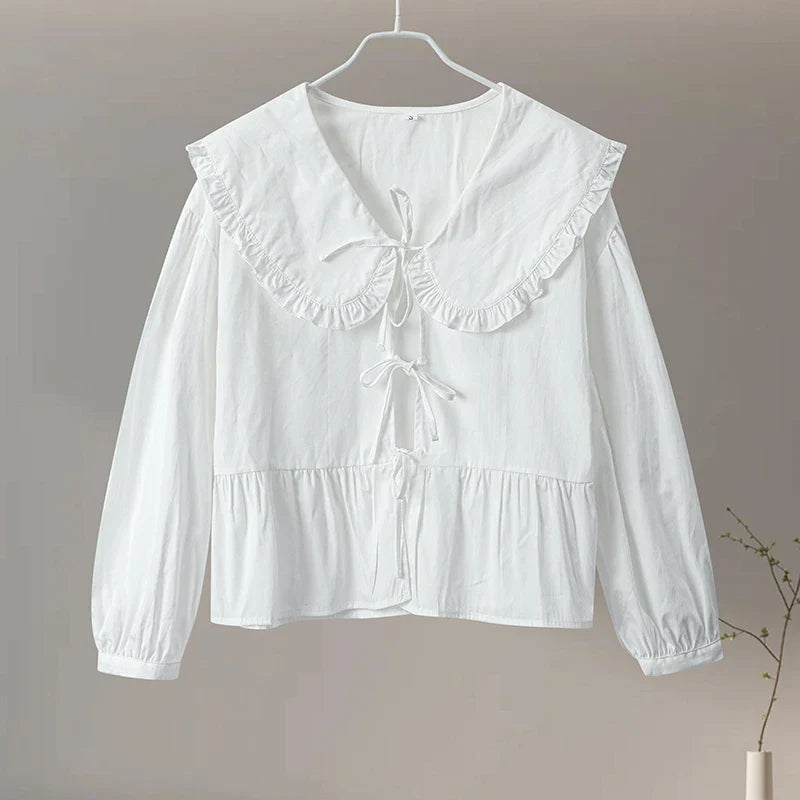 Women's Sweet Solid White Blouse with Front Bow Lace-Up Long Sleeves Elegant Casual Summer Top