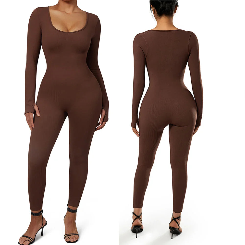Bodycon Slim Fit Zipper Jumpsuit for Women Casual Brown Fitness Romper Streetwear Playsuit Overall