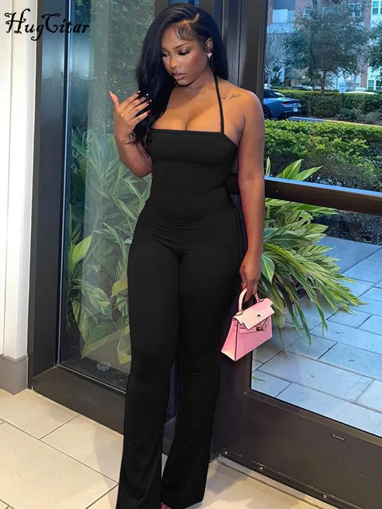 Sleeveless Halter Backless Bodycon Jumpsuit with Flare Pants Casual Rompers for Women Streetwear Festival Outfit
