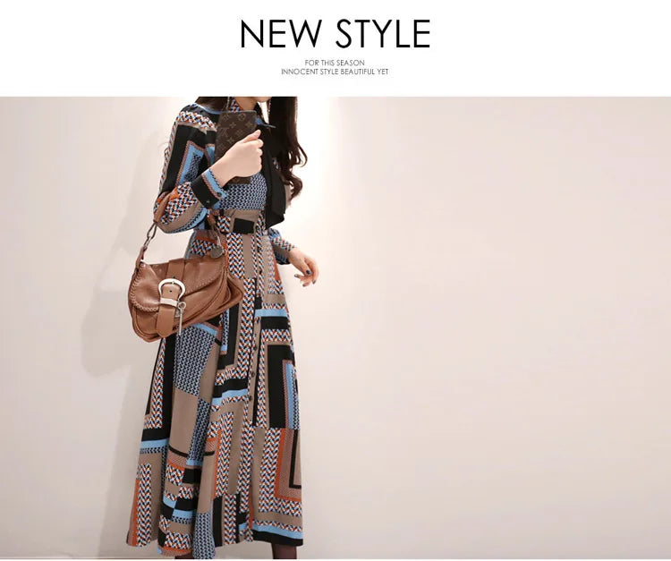 Vintage Print Long Shirt Dress For Women Ankle Length