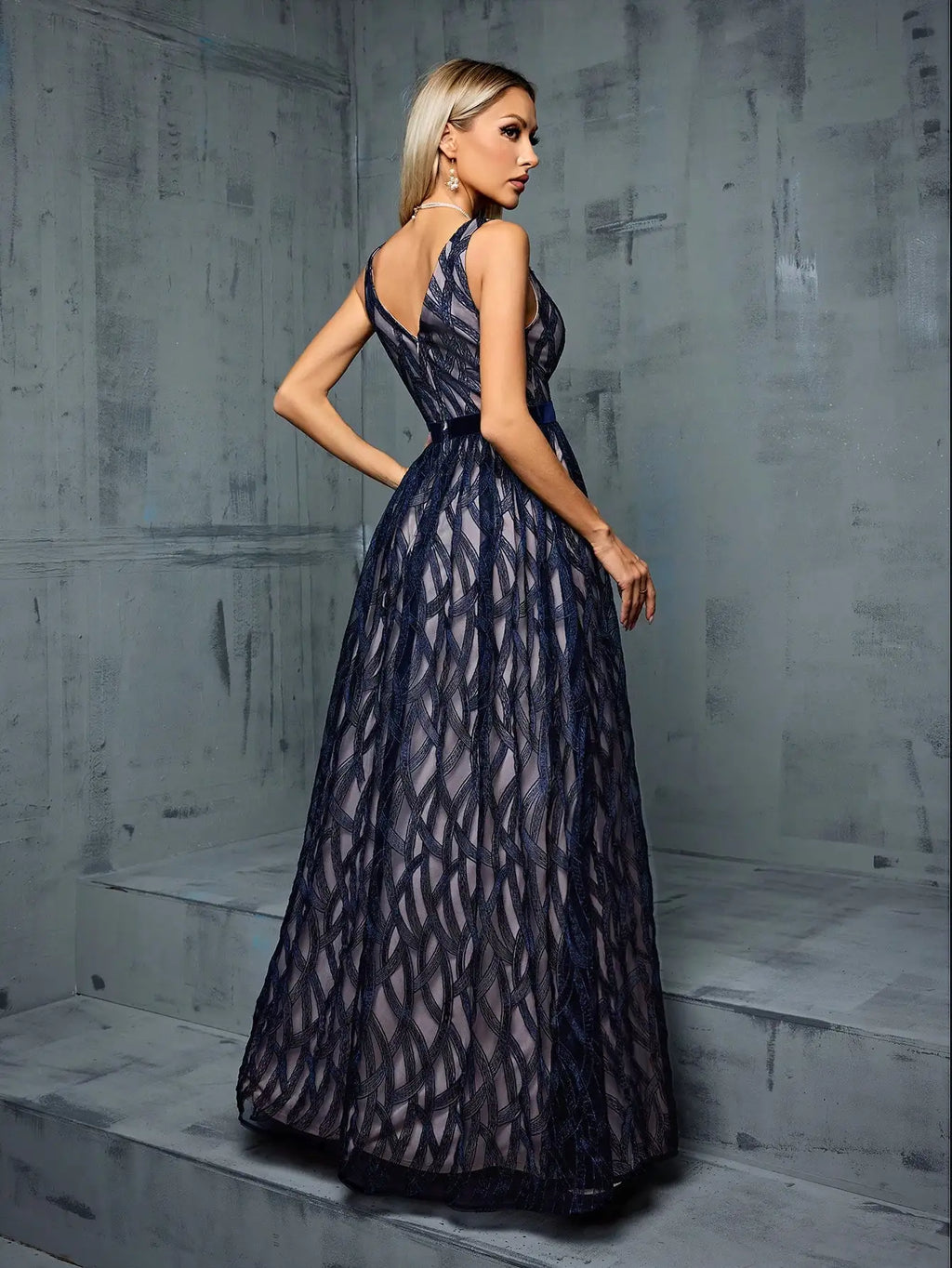 V Neck Embroidered Lace Ball Gown With Contrasting Skirt