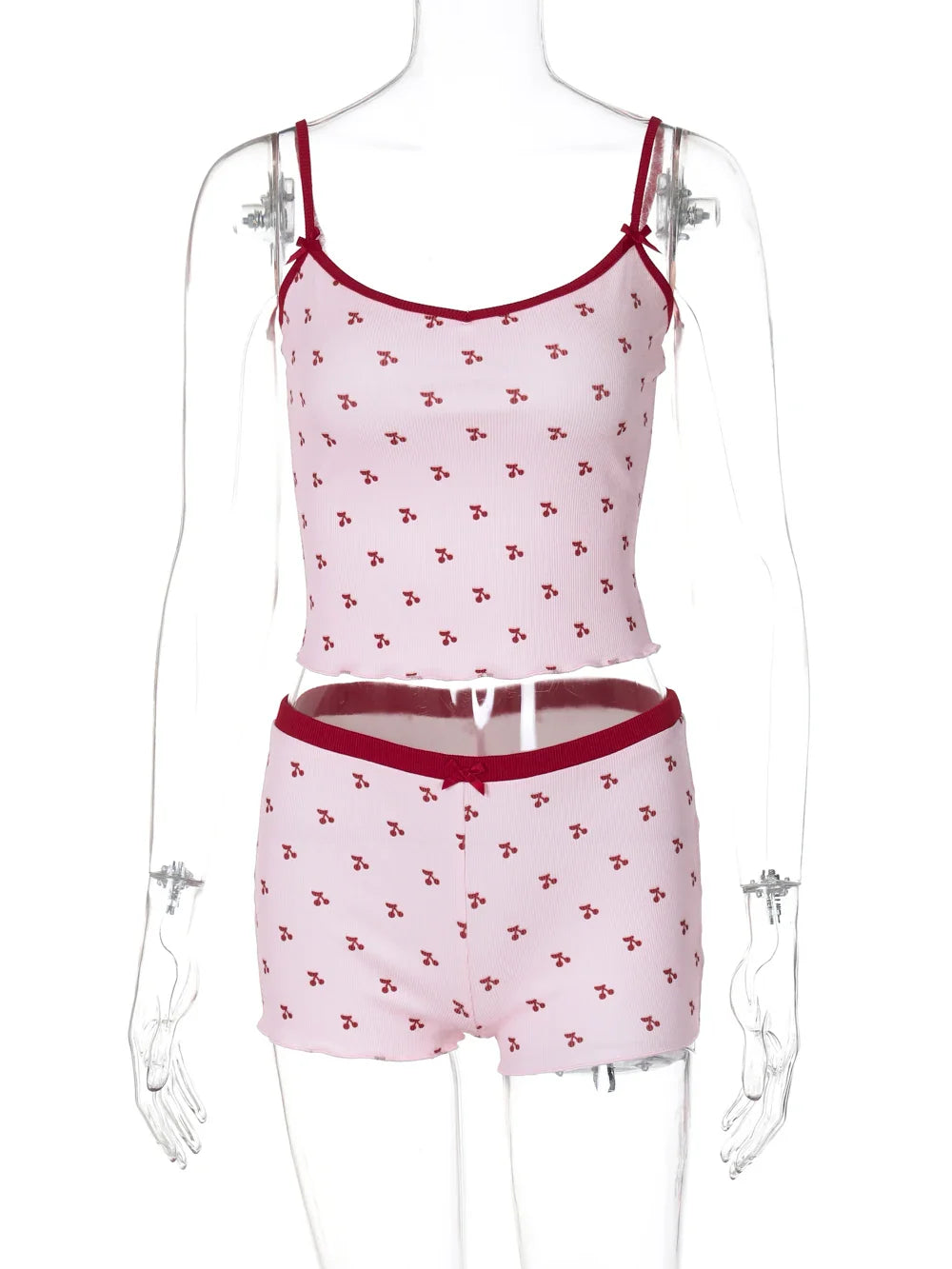 Cherry Print Two-Piece Matching Set with Slim Crop Camisole Top and Bow-Accent Shorts Summer Casual Festival and Workout Outfit for Women