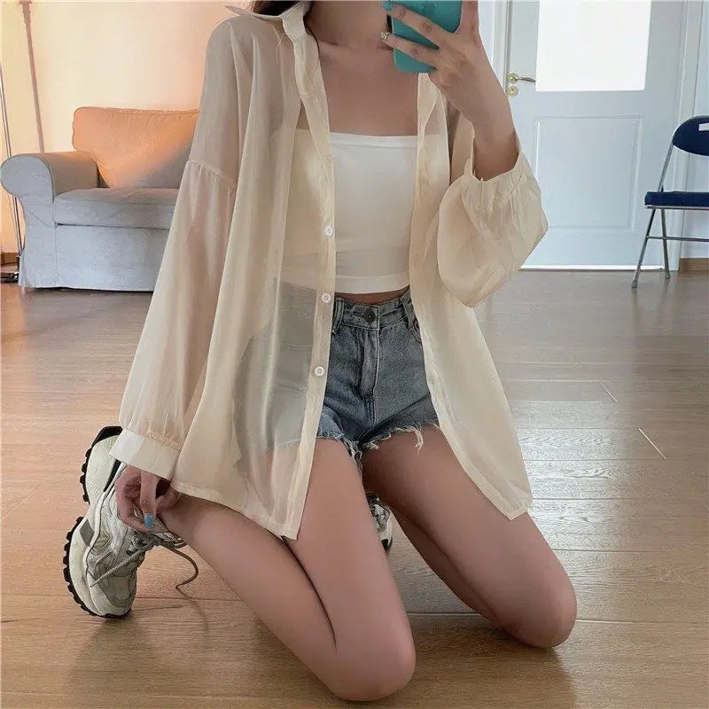 Women's Chiffon Long Sleeve Blouse Loose Fit Thin Cardigan Casual Solid Color Top