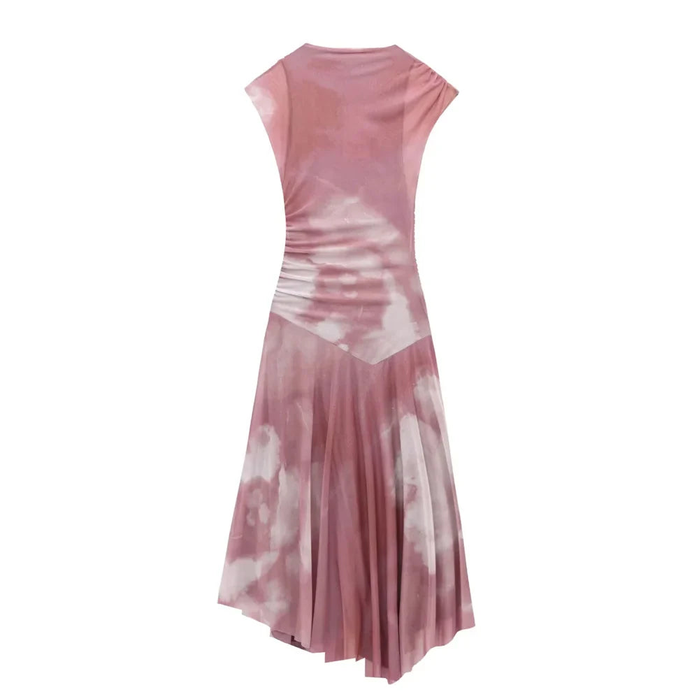Pleated Silk Mesh Dress With Round Neck For Spring Summer