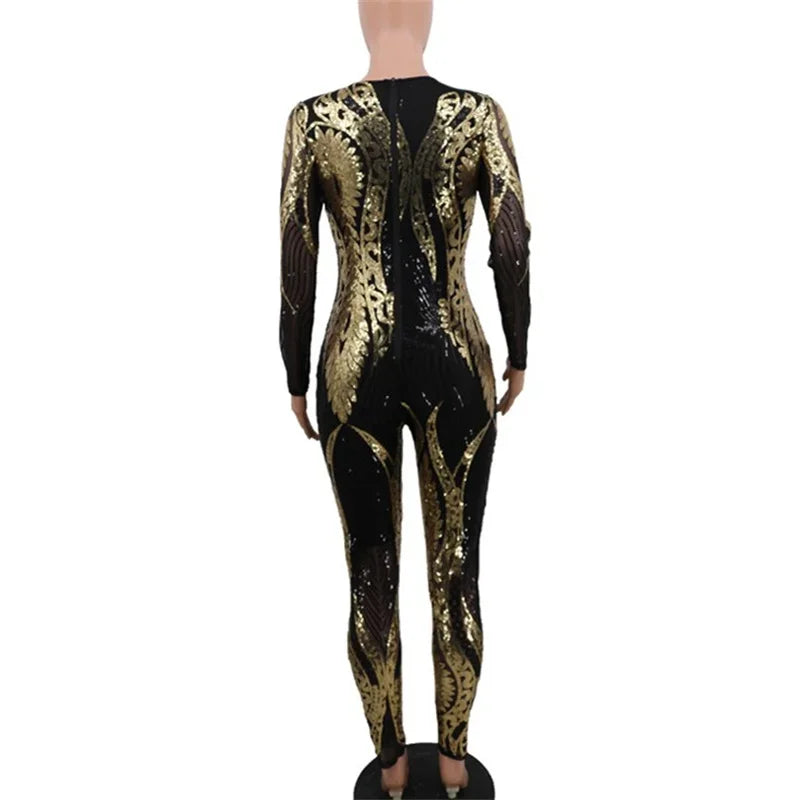 Sexy Sheer Mesh Patterned Jumpsuit for Women Slim Fit Pencil Trousers Romper One-Piece Party Clubwear Night Out Pants