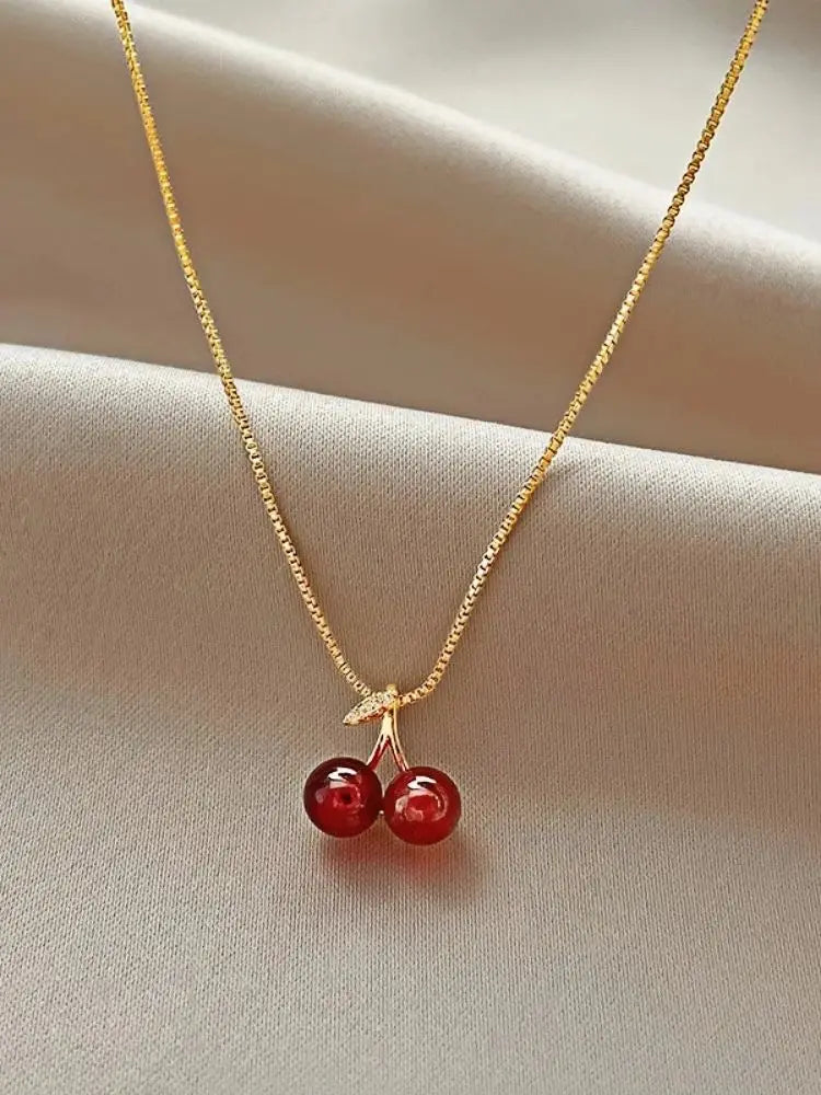Wine Red Cherry Pendant Necklace for Women with Golden Chain for Party and Birthday Gifts