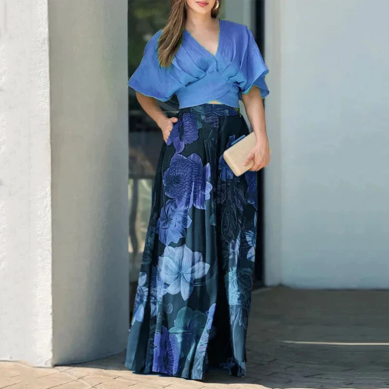 Casual Solid V Neck Short Sleeve Pullover Top and Wide Leg Pant Set for Women