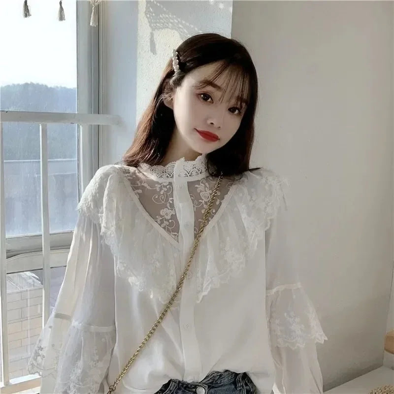 Spring Lace Loose Fit Long Sleeve Blouse for Women with Stand Collar and Button Detail Solid Color Casual Elegant Top