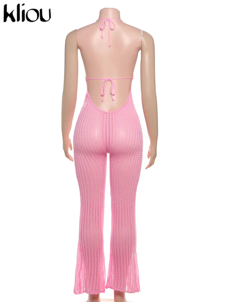 Knitted Floral Women Jumpsuit Sexy Pleated Halter Neck Bandage Low Back Skinny Overalls Trendy Solid Streetwear