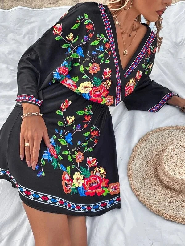 Bohemian Dress With V Neck And Tie Waist Beach Vacation