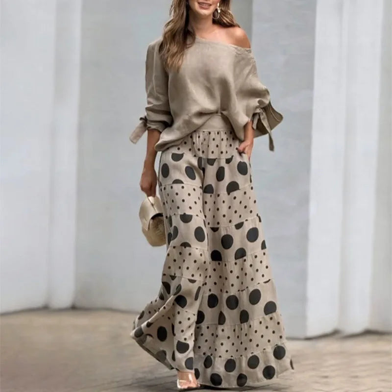 Off Shoulder Polka Dot Print Top and Wide Leg Pants Outfit for Women Casual Spring Autumn 2 Piece Set