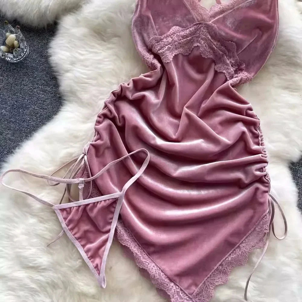 Golden Velvet Backless Lingerie With Lace Trim Sleep Dress