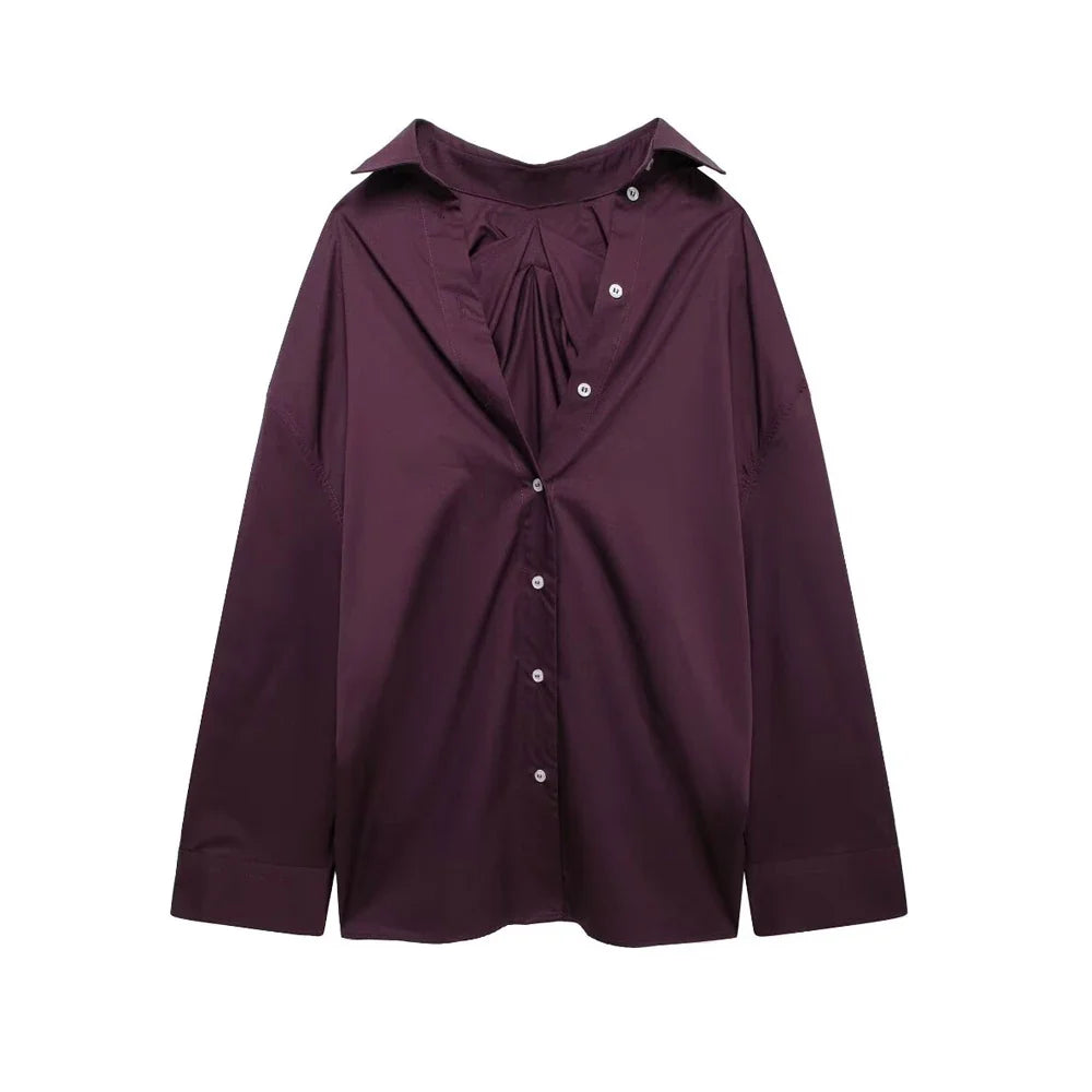 Oversized Pleated Back Long Sleeve Button-Up Shirt for Women Chic Fashion Blouse Top