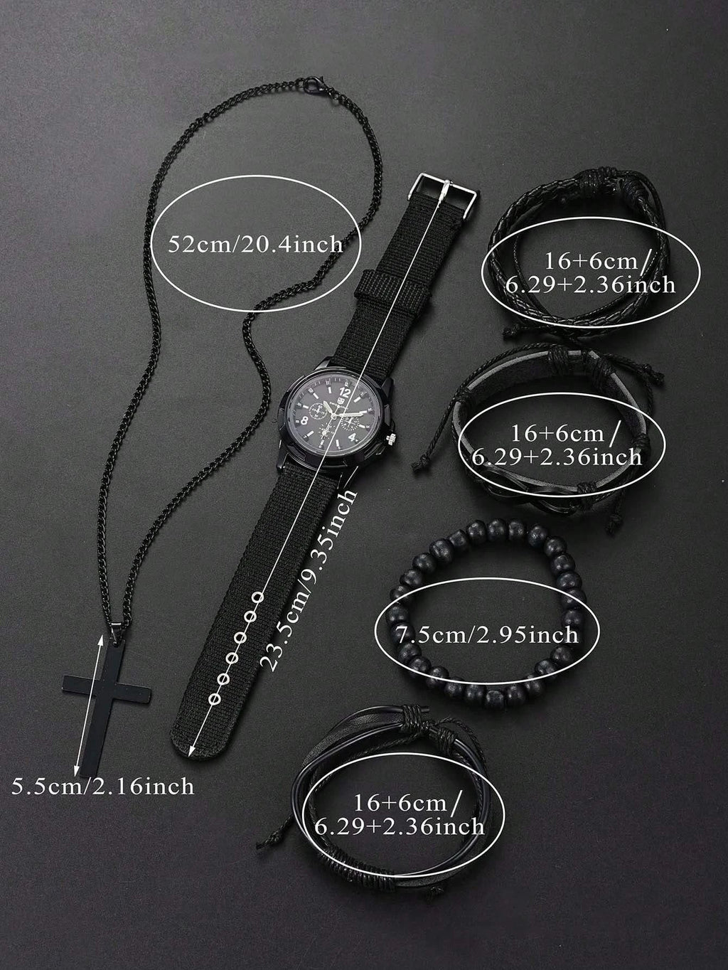 Fashionable PU Leather Beaded Bracelet Set With Quartz Watch And Cross Pendant Necklace For Men