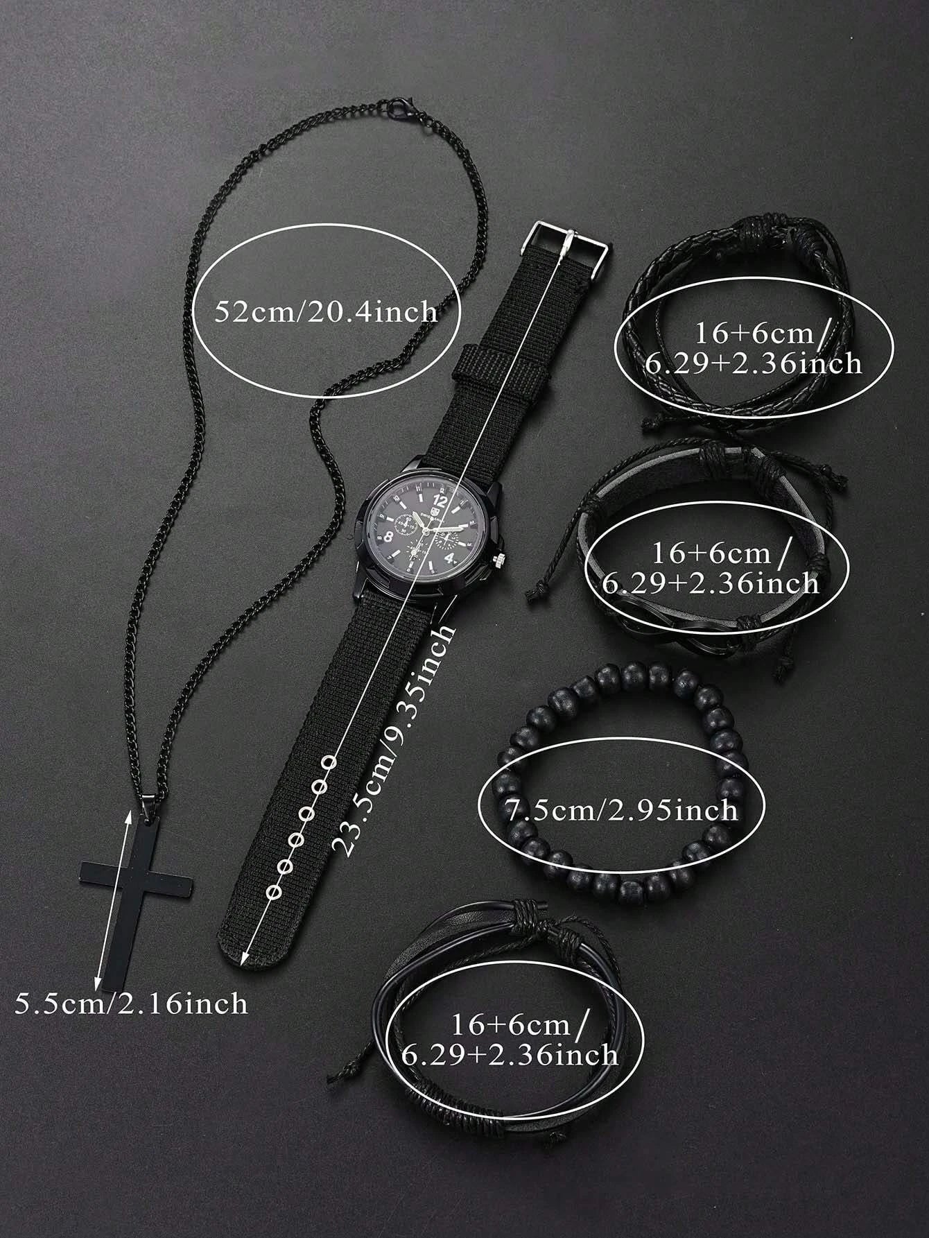 Fashionable PU Leather Beaded Bracelet Set With Quartz Watch And Cross Pendant Necklace For Men