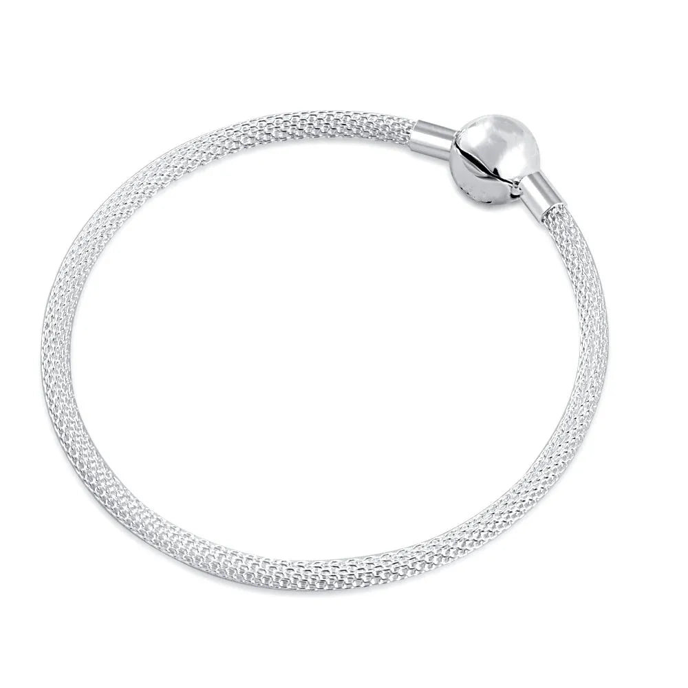 Sterling Silver 925 Heart and Flower Clip Clasp Bracelet with White Zircon Beads 16-21CM