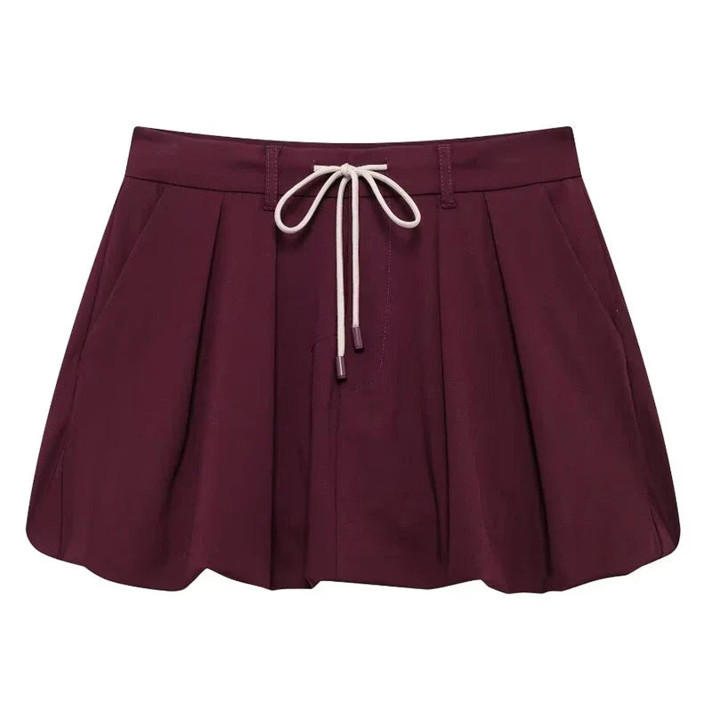 Women's Burgundy Skirt and Long Sleeve Jacket Set Elegant Mini Bow Lantern Sleeve Suit Autumn Outfit Stylish Two-Piece Matching Set