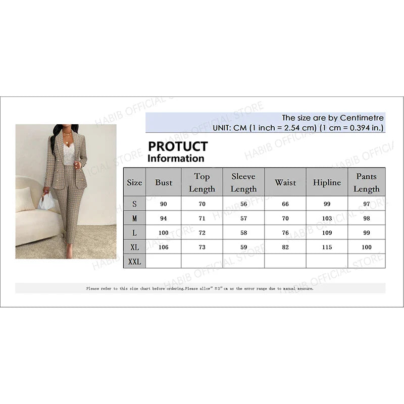 2 PCS Women Elegant Plaid Waistcoat and High Waist Slim Pant Set with Double Breasted Blazer and Long Sleeve Top for Office and Autumn Wear