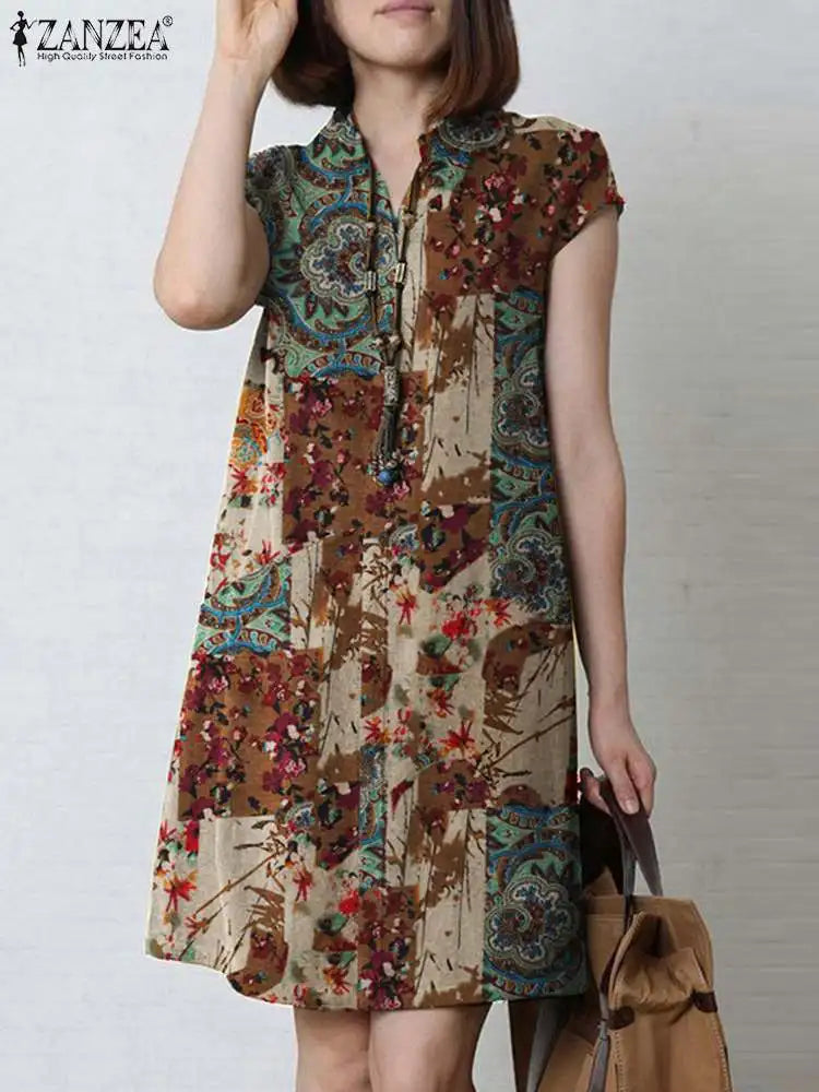 Bohemian Floral Knee Length Sundress For Summer Vacation