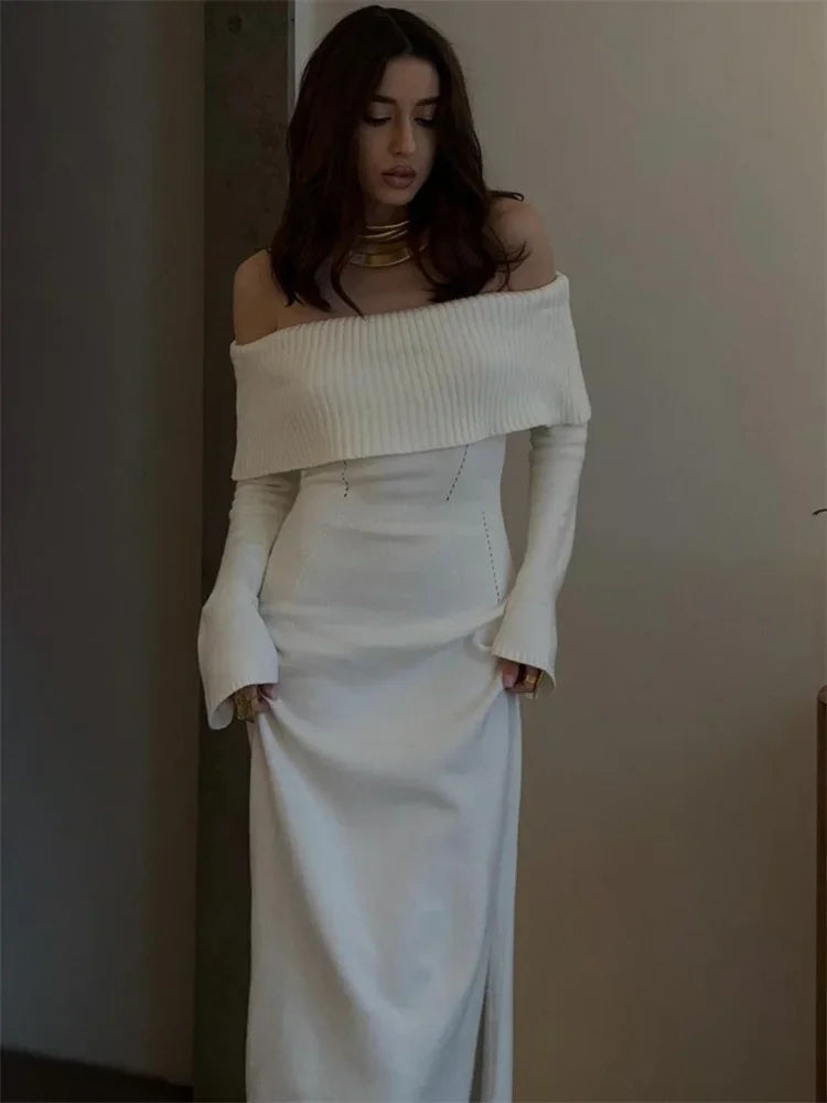 White Autumn Knit Dress For Women Off Shoulder Ribbed