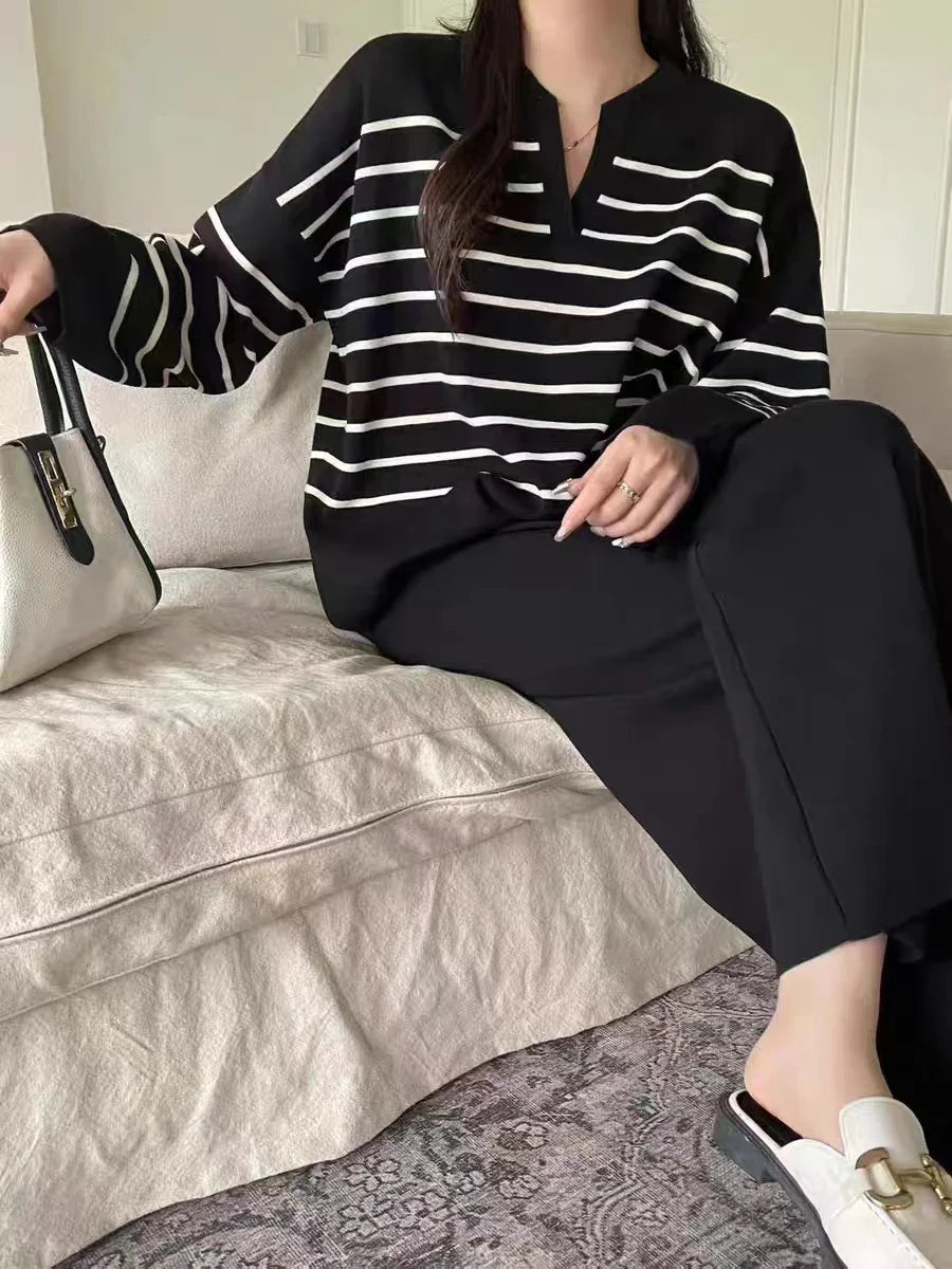 Women's Winter Sweater Set with Stripe Knit Pullover and Wide Leg Pants for Casual Elegance