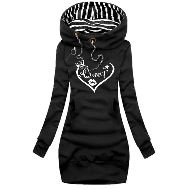 Queen Printed Hoodie Sweater Dress For Women Long Sleeve