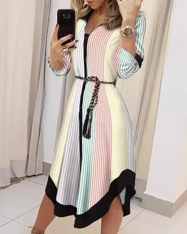 Elegant Striped Print Lace Up Dress For Summer Style