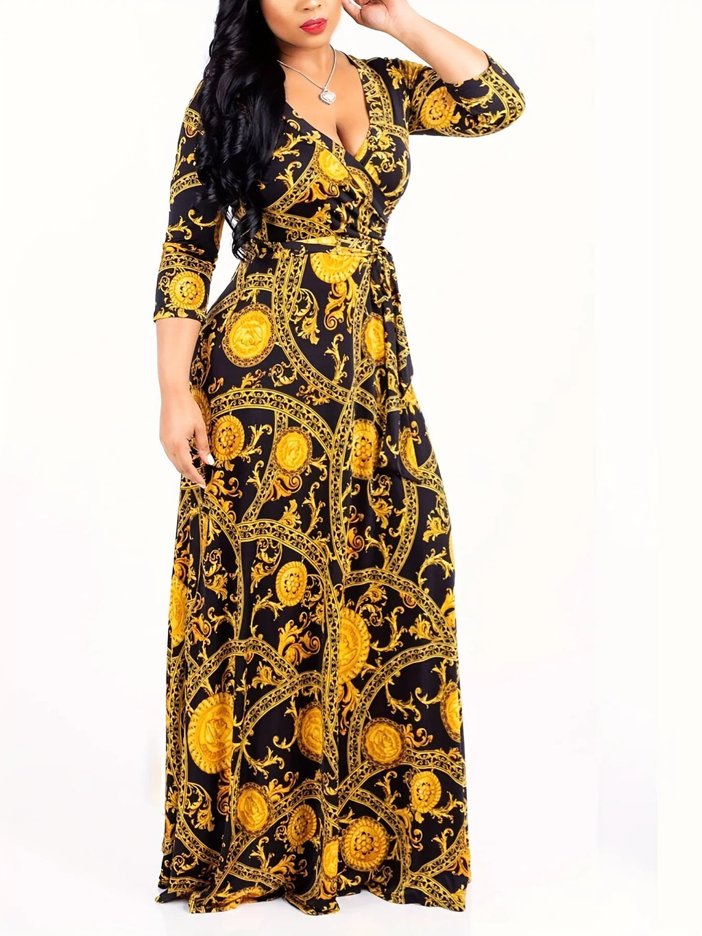 Bohemian Floral Maxi Dress With V Neck Three Quarter Sleeves