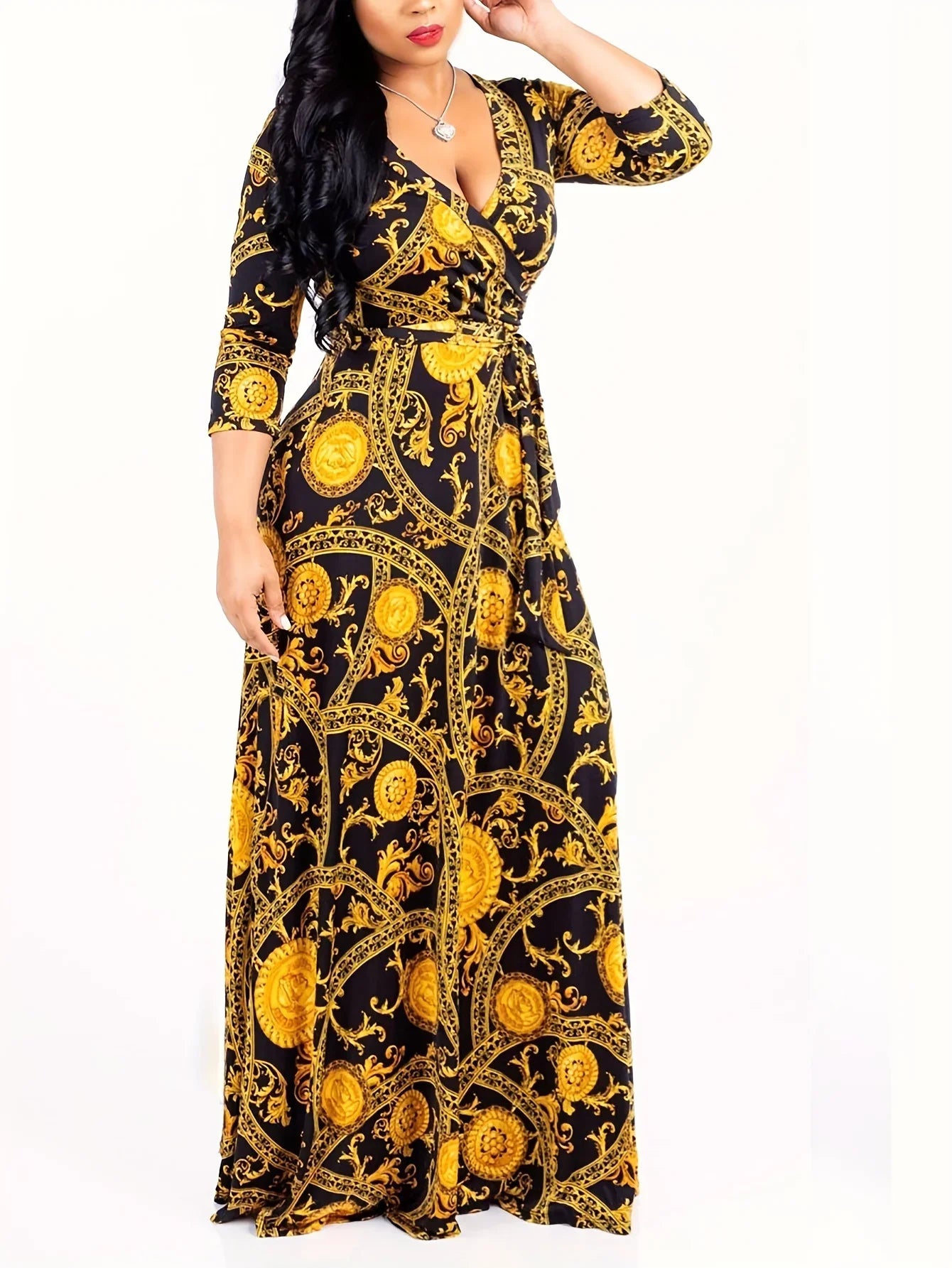 Bohemian Floral Maxi Dress With V Neck Three Quarter Sleeves