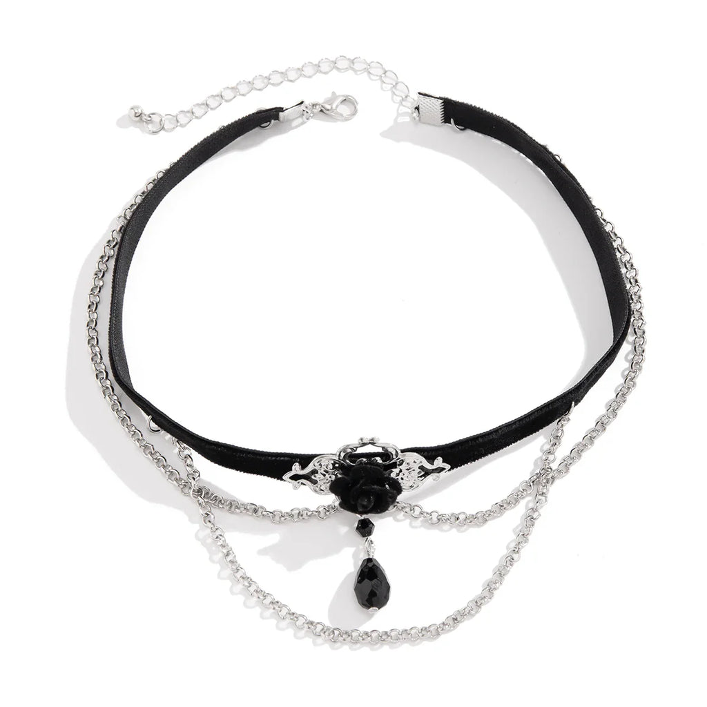 Punk Black Cotton Rope Choker Necklace with Link Chain Tassel and Crystal Beads for Women