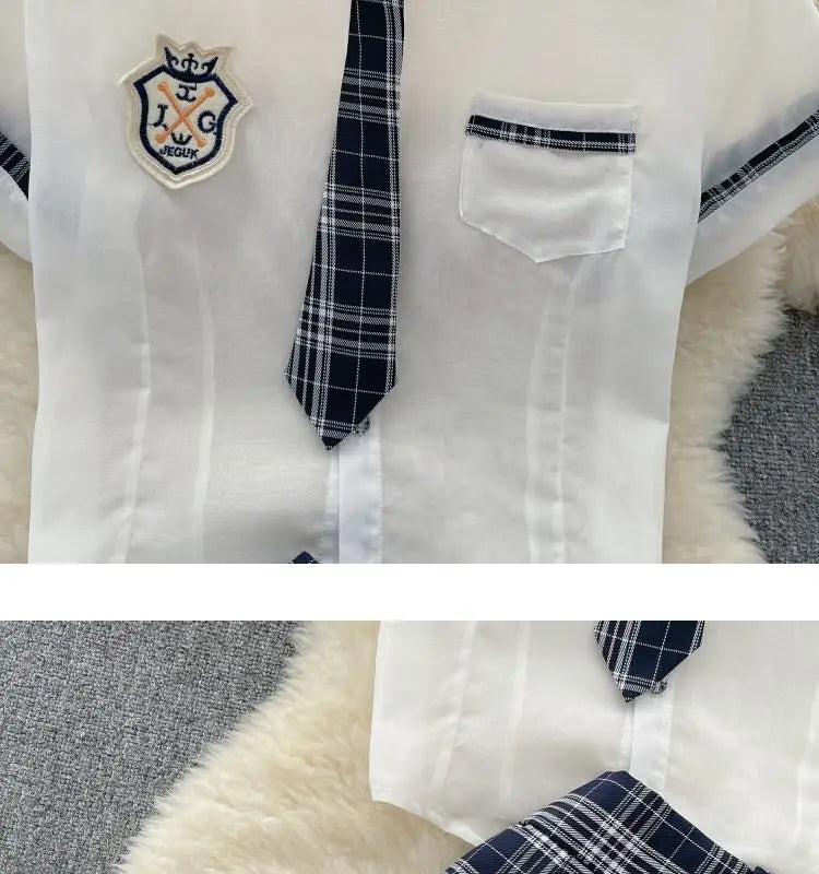Sexy Preppy Style JK Set for Women Polo Neck See-Through Crop Top Plaid Pleated Short Skirt Student Cosplay Outfit