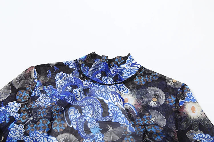 Colorful Mesh Print Jumpsuit for Women Sheer Backless Summer Clubwear Peach Buttocks Contour Tight Fit Overalls