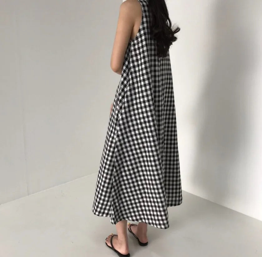 Vintage Plaid Tank Dress for Women High Waist O Neck