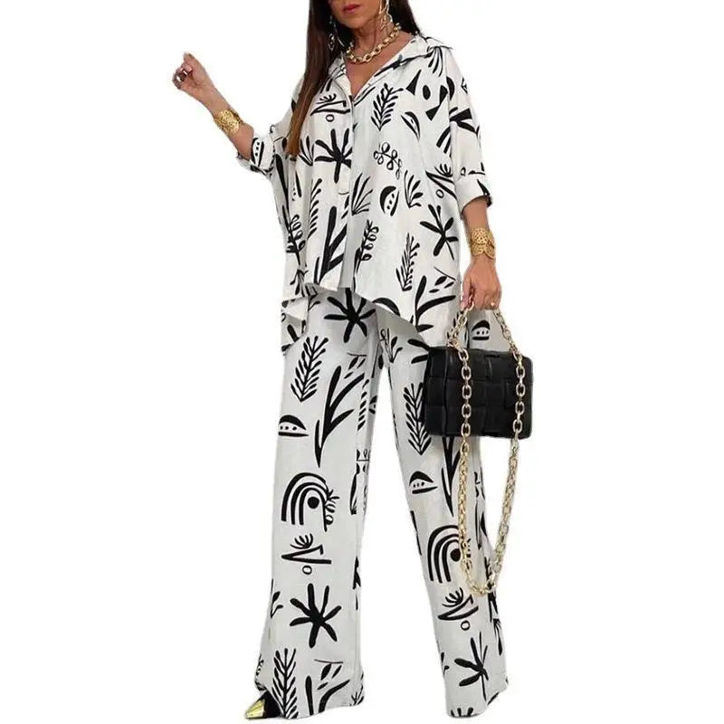 Summer Fashion Printed Women's Two Piece Set with Flip Collar Top and Wide Leg Pants