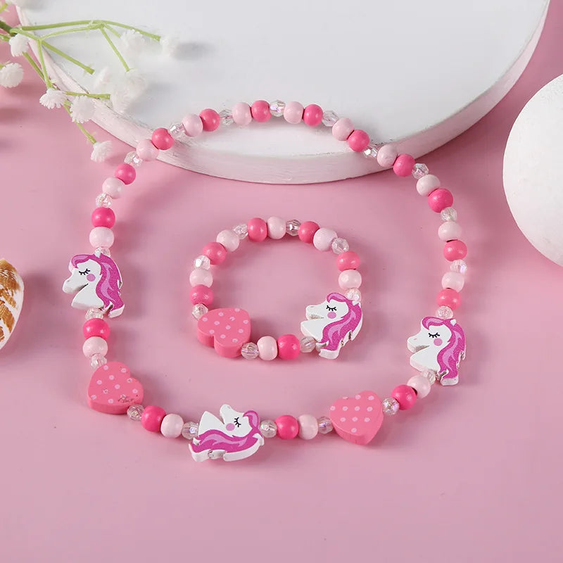 Colorful Cartoon Unicorn Wooden Jewelry Set for Kids Necklace and Bracelet Gifts