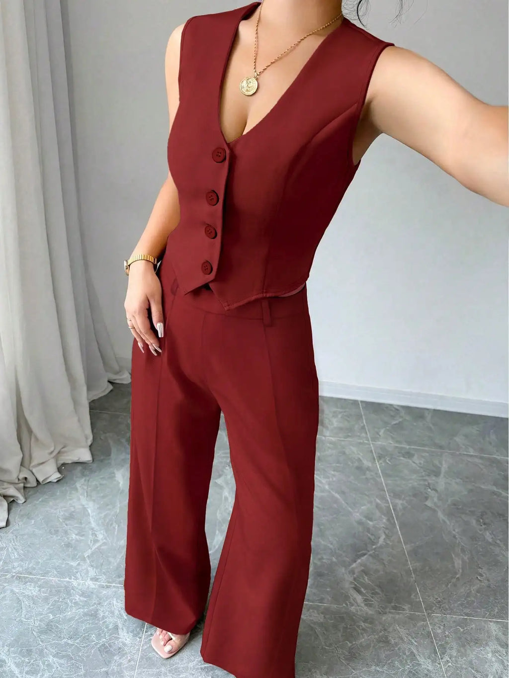 Women's 2Pcs Red Date Night Vest Jacket and Pants Set